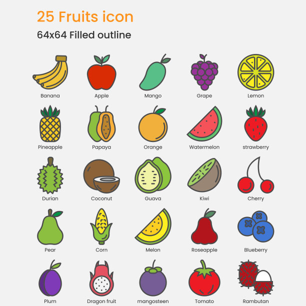 水果图标设置填充轮廓样式。香蕉、苹果、芒果等等图片下载