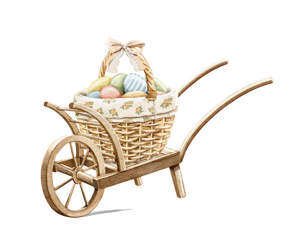 水彩卡通复古彩色推车与篮子复活节彩蛋图片下载