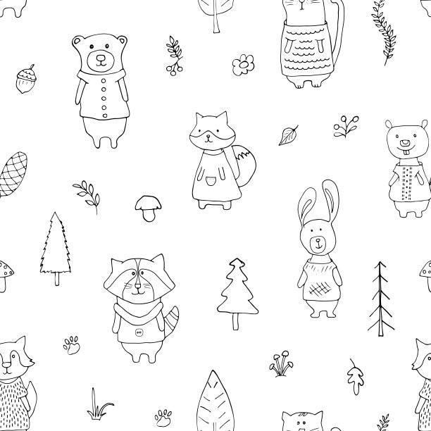 可爱的动物无缝图案。森林背景中的卡通动物。矢量图图片下载