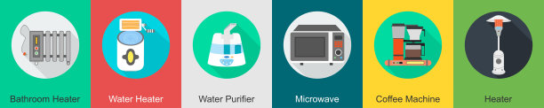 一套6家电图标，如浴室加热器，热水器，净水器图片下载