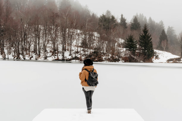 白种妇女在大衣，背包和帽子的后视图在冬天看雪地图片下载