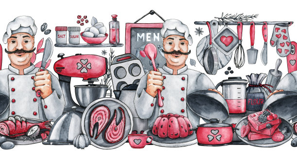 厨师烘焙，厨具，厨房用具，无缝花纹，无缝边框。手绘水彩插图孤立的白色背景图片下载