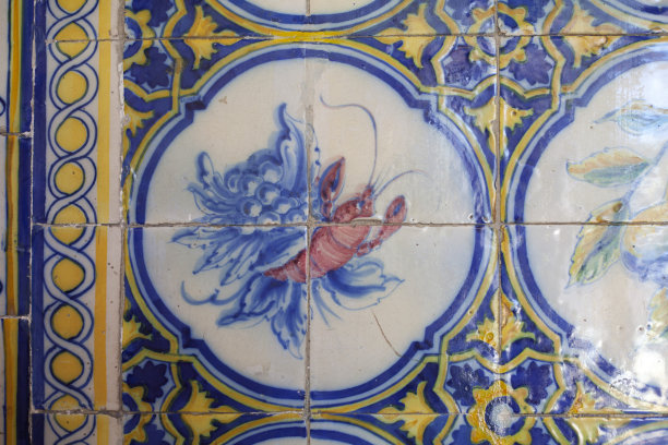 Azulejos -传统的装饰瓷砖从厨房装饰-海鲜，家禽，水果，蔬菜，葡萄牙。图片下载