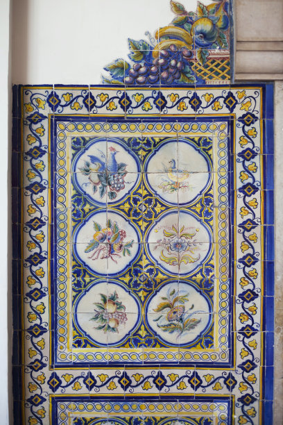 Azulejos -传统的装饰瓷砖从厨房装饰-海鲜，家禽，水果，蔬菜，葡萄牙。图片下载