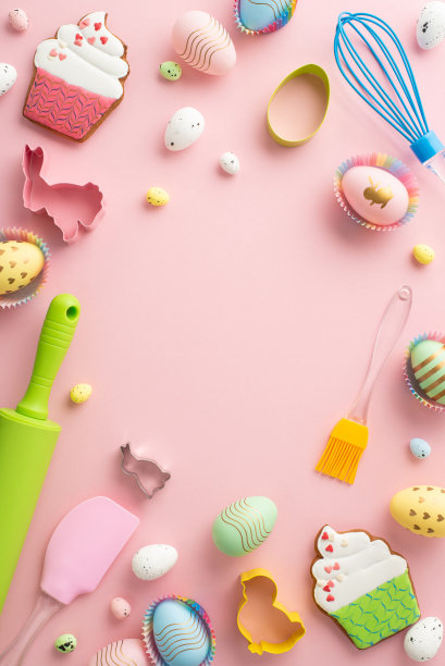 俯视图垂直照片的擀面棍搅拌硅胶锅铲彩色复活节彩蛋在纸烘焙模具和蛋糕形状的姜饼在孤立的粉彩粉红色背景与中间的空白图片下载