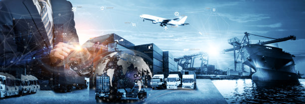 集装箱货船和货机的物流运输与船厂吊桥作业日出，物流进出口和运输行业背景图片下载