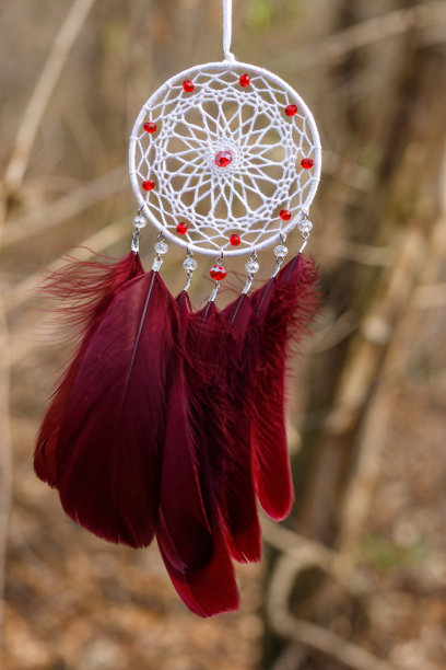 手工捕梦网与羽毛线和珠绳悬挂图片下载