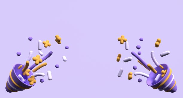 派对礼花图标和五彩纸屑。爆炸的派对礼盒。生日和周年纪念冰淇淋筒。鞭炮爆炸。三维渲染插图图片下载