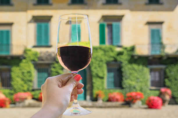 图为，在意大利托斯卡纳的一个葡萄园里，拿着红基安蒂葡萄酒的女人图片下载