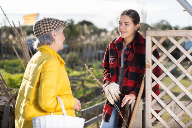 两个女园丁在花园的木栅栏旁聊天图片下载