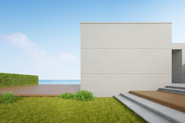 三维渲染抽象建筑与混凝土墙的海景背景。图片下载