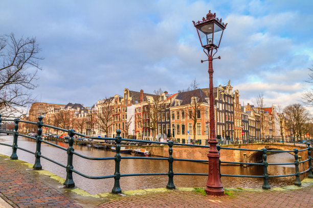 在一个阳光明媚的冬日的城市景观-在阿姆斯特丹历史中心的桥梁的运河堤岸的观点图片下载
