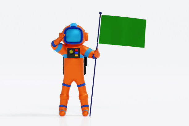 宇航员举着白底绿旗，太空探险发现，3D渲染。图片下载