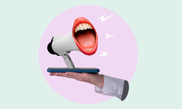 艺术拼贴，一只手拿着电话，一个扩音器从电话里出来，在明亮的背景下尖叫。图片下载