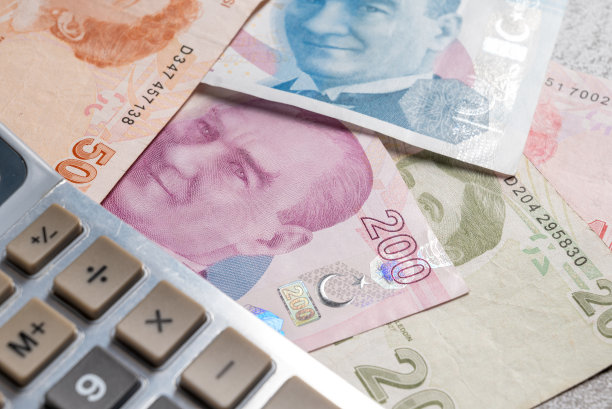 计算器站在10,20,50,100和200土耳其里拉或TL钞票图片下载