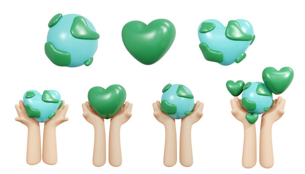 生态关怀环境的3D渲染集手握地球和心脏的图标孤立在白色的世界环境日概念。3D渲染插图卡通风格。图片下载