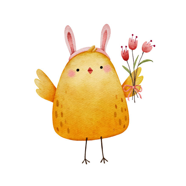 戴着复活节兔子耳朵的小鸡手捧鲜花图片下载