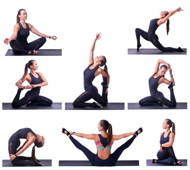 一个漂亮的女孩做瑜伽，普拉提练习。伸展运动。体育的概念。拼贴和收集运动练习图片下载