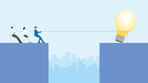 领导者，商人和团队用一个大灯泡拉绳子。办公室的人在做一个新项目。经营理念，创新，创造，灵感，努力，创业，创意理念。图片下载