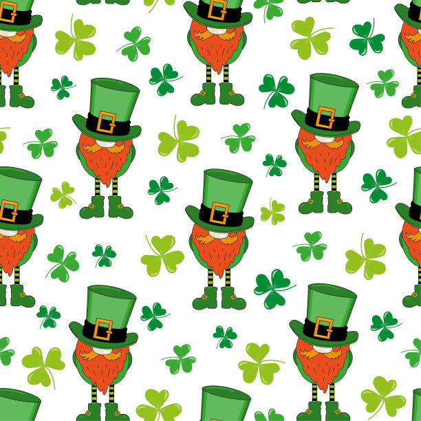 妖精和三叶草的无缝图案。圣帕特里克节快乐!图片下载
