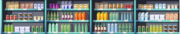 无缝收集矢量卡通风格的超市货架与产品，食品，饮料。图片下载