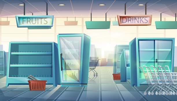 卡通风格的平面超市，自动售货机，货架上的食品和饮料，购物车和篮子。图片下载