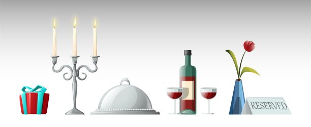 卡通风格的浪漫之夜元素集合:红色的百分盒，蜡烛，金属钟，一瓶红酒与玻璃杯，玫瑰花瓶与预留卡。孤立在白色背景上。图片下载