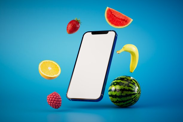 在网上买水果。智能手机和水果在蓝色背景下飞行。三维渲染图片下载