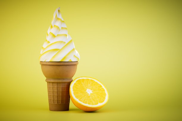 橘色冰淇淋装在华夫饼杯里。冰淇淋蛋筒旁边有一个橙色的黄色背景。三维渲染图片下载