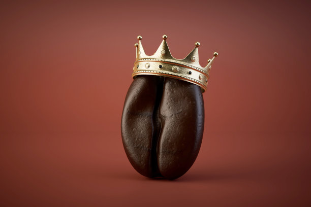 皇家咖啡豆。咖啡豆在棕色背景上的皇冠。三维渲染图片下载