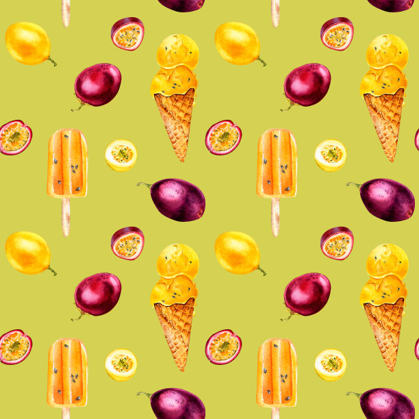 紫色、黄色水彩和冰淇淋水彩无缝图案孤立在绿色背景上。图片下载