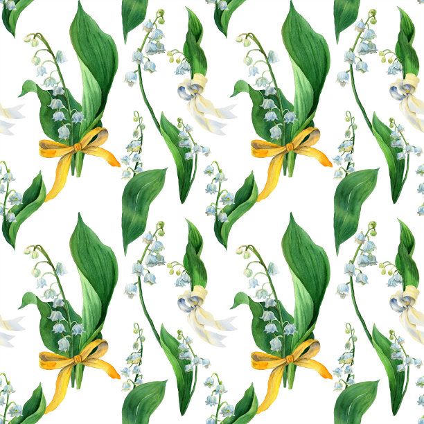 水彩画无缝花纹的铃兰，白花绿叶。植物学的背景图片下载
