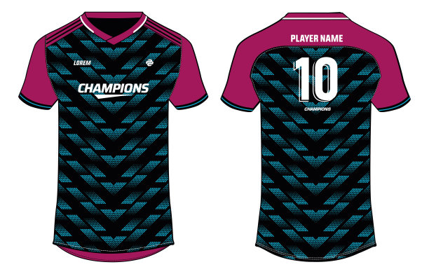 运动t恤球衣设计平面素描矢量插图，半色调抽象图案足球球衣与前后视图足球，板球，排球，橄榄球，网球，羽毛球制服套件图片下载