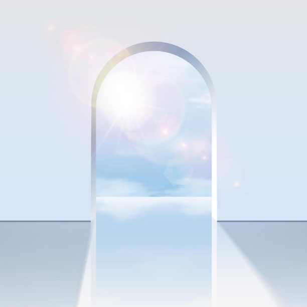 三维逼真的矢量白色拱门与阳光反射的蓝天视图。图片下载
