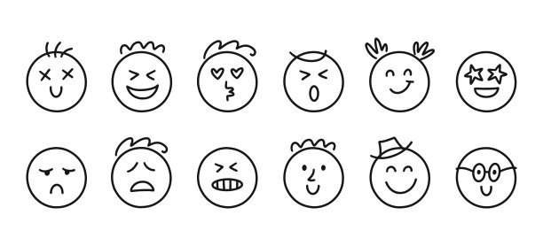 有趣的表情符号图标集，线条艺术表情涂鸦脸图片下载