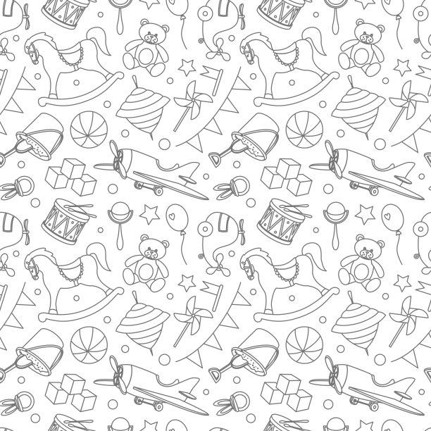婴儿玩具无缝模式在孤立的背景黑白单色。手绘轮廓背景与摇摆马和泰迪熊新生儿淋浴派对或幼稚的纺织品图片下载