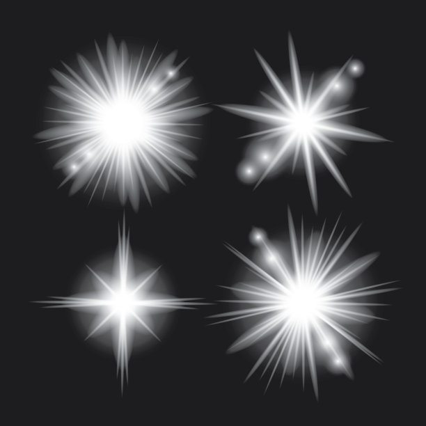 白光辉光效果，光线集。辐射闪光，镜头耀斑，在黑暗背景，矢量插图图片下载