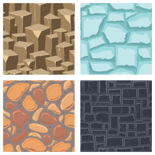 卡通游戏纹理，冰，石头和砖，泥土和地面表面无缝的图案。游戏资产墙壁和环境背景图片下载