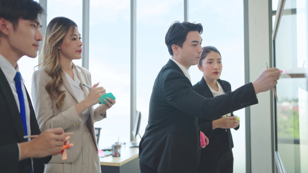 亚洲业务团队会议，用便利贴在办公室的玻璃墙上分享想法图片下载