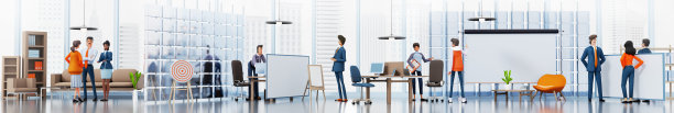 一群商务人士站在办公室里一起讨论和分享想法。3D渲染宽插图图片下载