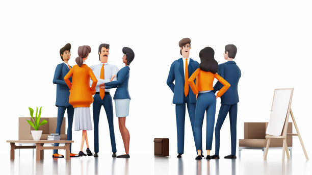 一群商务人士站在办公室里一起讨论和分享想法。3D渲染图图片下载