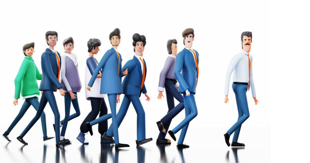 一群成功的商人在白色背景下行走，看着镜头。三维渲染图图片下载