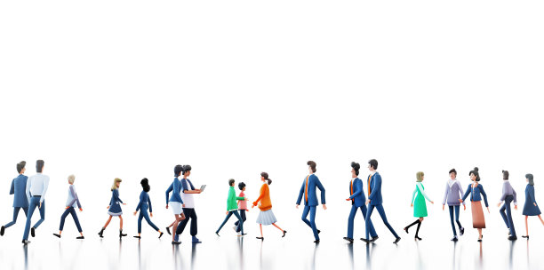 一群成功的商业人士走在白色背景与空间为您的文字。三维渲染图图片下载