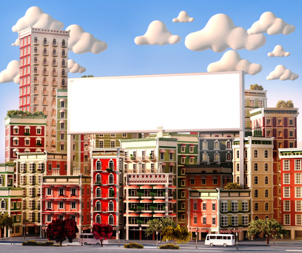 美丽的城市3D渲染插图。日落时分的公寓楼和办公楼图片下载