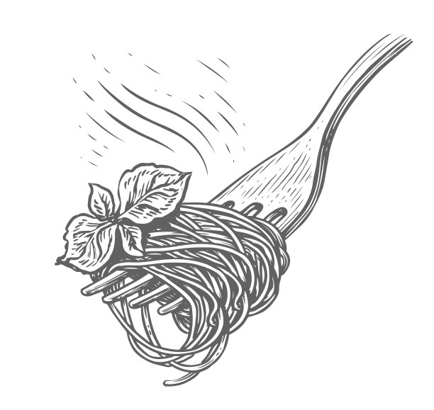 叉子上只有意大利面。意大利菜，面食速写面。手绘的复古矢量插图图片下载