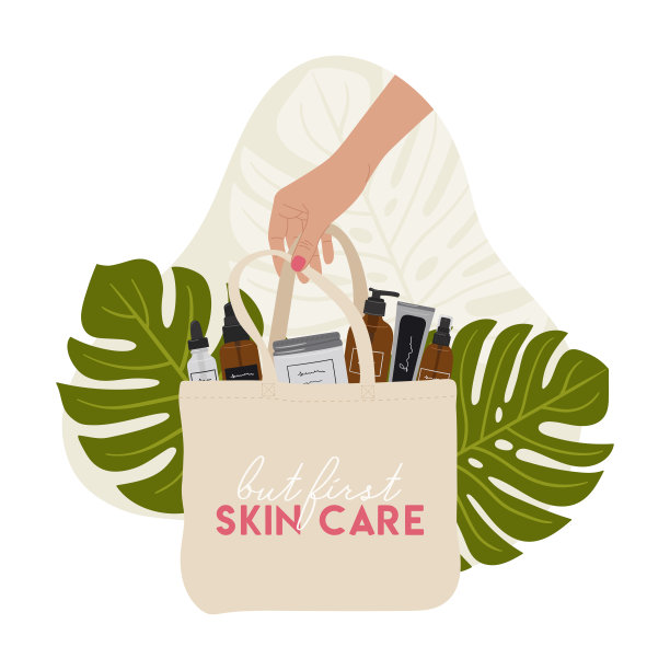 女性手拿包有机化妆品在瓶子，罐子，管皮肤护理抽象的形状和绿色。洁面乳、爽肤水、精华液、乳霜产品。手绘矢量图图片下载