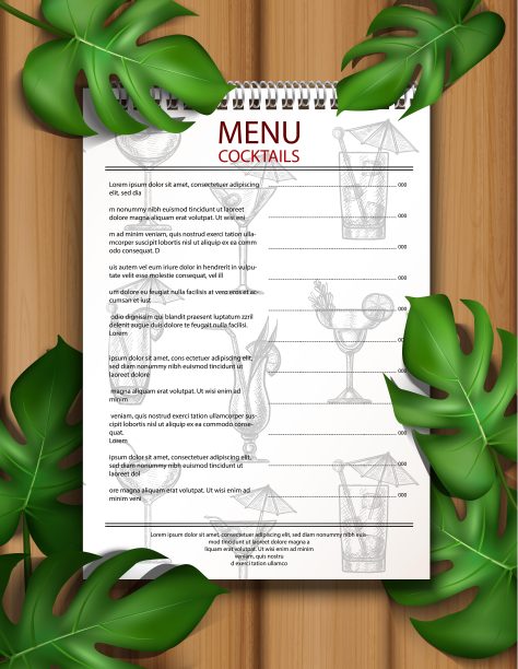 热带模板酒吧和餐厅的饮料菜单与手绘鸡尾酒的木制背景与绿叶。图片下载