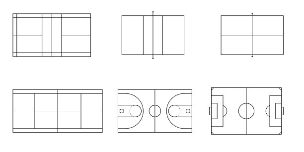 白色背景的单线运动场地。足球、网球、乒乓球、羽毛球、篮球、乒乓球、羽毛球、足球矢量场图片下载