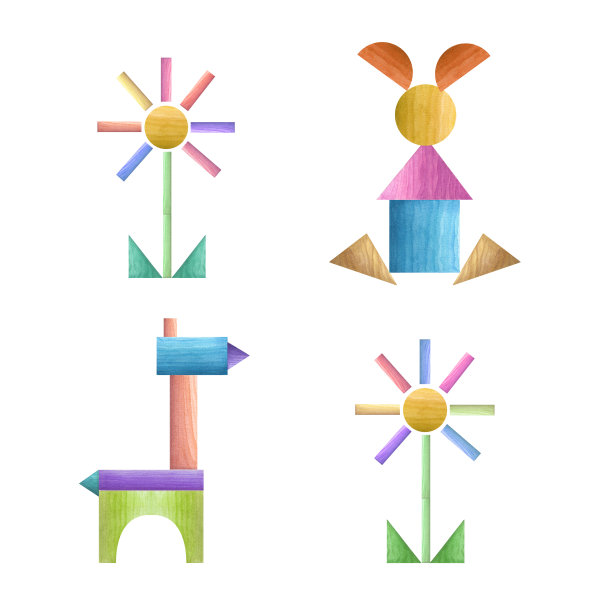 一套水彩七巧板几何拼图孤立在白色背景。环保材料婴儿玩具。印刷，海报，装饰，壁纸，包装。图片下载