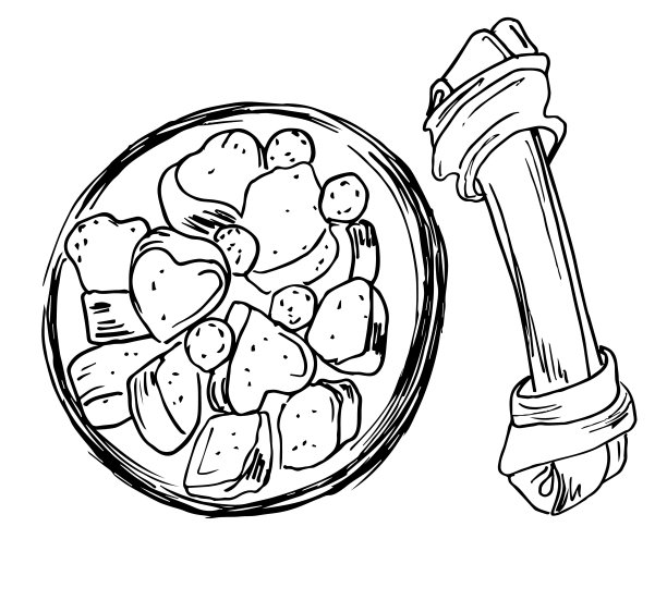 狗碗里有干粮。手绘，素描风格，孤立在白色背景上。图片下载